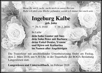 Traueranzeige von Ingeburg Kalbe von Südthüringer Presse