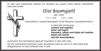 Traueranzeige von Elise Baumgartl von Frankenpost