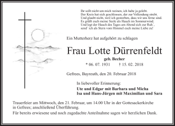 Traueranzeige von Lotte Dürrenfeldt von Frankenpost