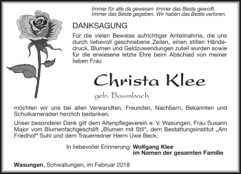 Traueranzeige von Christa Klee von Südthüringer Presse