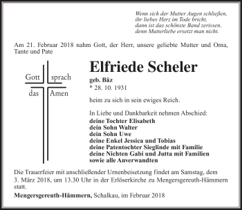 Traueranzeige von Elfriede Scheler von Südthüringer Presse