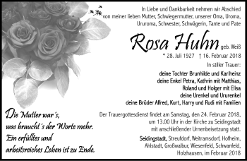 Traueranzeige von Rosa Huhn von Südthüringer Presse