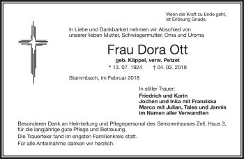 Traueranzeige von Dora Ott von Frankenpost