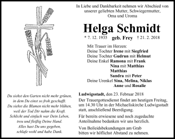 Traueranzeige von Helga Schmidt von Neue Presse Coburg