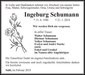 Traueranzeige von Ingeburg Schumann von Südthüringer Presse