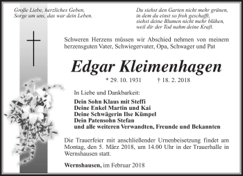 Traueranzeige von Edgar Kleimenhagen von Südthüringer Presse