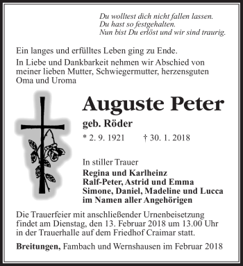 Traueranzeige von Auguste Peter von Südthüringer Presse