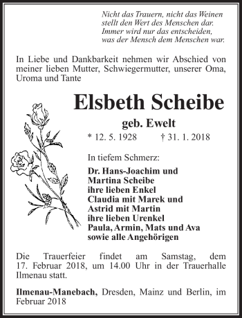 Traueranzeige von Elsbeth Scheibe von Südthüringer Presse