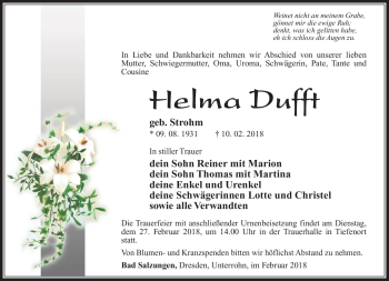 Traueranzeige von Helma Dufft von Südthüringer Presse