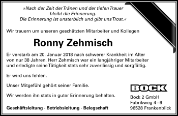 Traueranzeige von Ronny Zehmisch von Südthüringer Presse