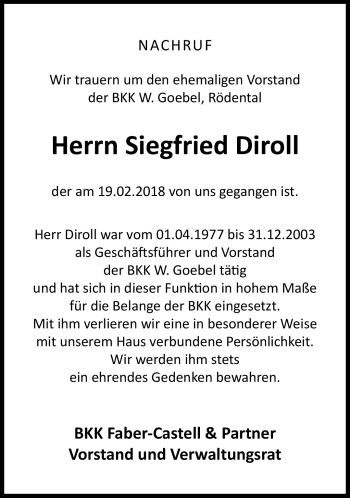 Traueranzeige von Siegfried Diroll von Neue Presse Coburg