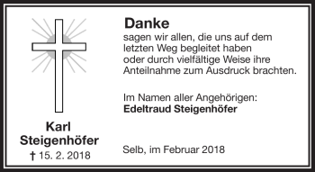 Traueranzeige von Steigenhöfer Karl von Frankenpost