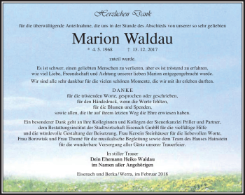 Traueranzeige von Marion Waldau von Südthüringer Presse