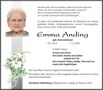 Traueranzeige von Emma Anding von Südthüringer Presse