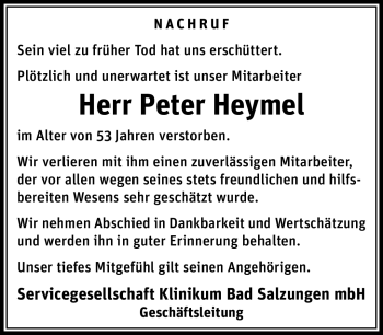 Traueranzeige von Peter Heymel von Südthüringer Presse