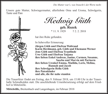 Traueranzeige von Hedwig Güth von Südthüringer Presse