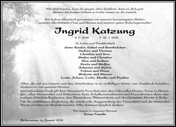 Traueranzeige von Ingrid Katzung von Südthüringer Presse