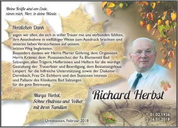 Traueranzeige von Richard Herbst von Südthüringer Presse