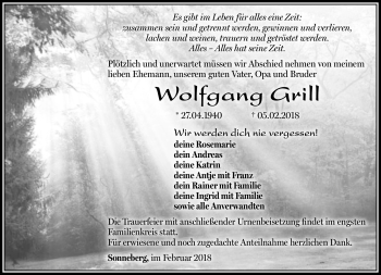 Traueranzeige von Wolfgang Grill von Südthüringer Presse