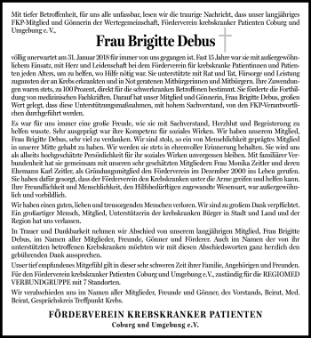 Traueranzeige von Brigitte Debus von Neue Presse Coburg
