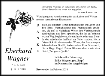 Traueranzeige von Eberhard Wagner von Südthüringer Presse