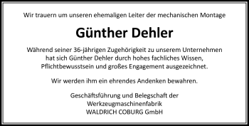 Traueranzeige von Günther Dehler von Neue Presse Coburg