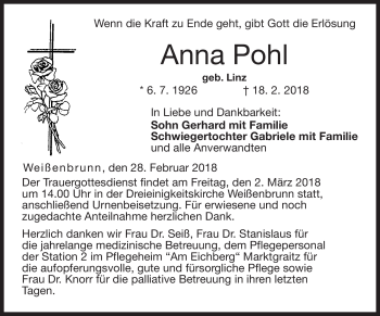 Traueranzeige von Anna Pohl von Neue Presse Coburg