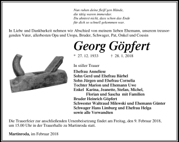 Traueranzeige von Georg Göpfert von Südthüringer Presse