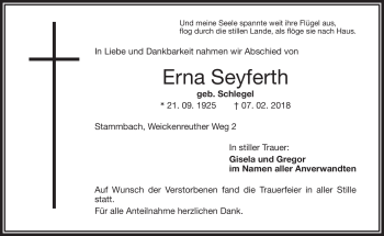 Traueranzeige von Erna Seyferth von Frankenpost