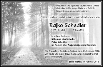 Traueranzeige von Rajko Scheder von Südthüringer Presse