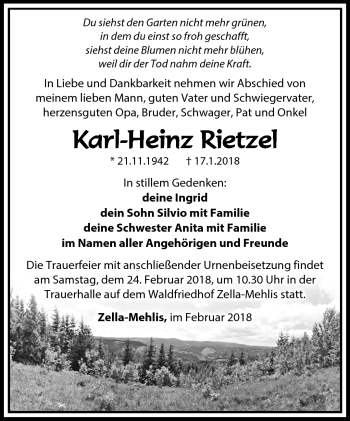 Traueranzeige von Karl-Heinz Rietzel von Südthüringer Presse
