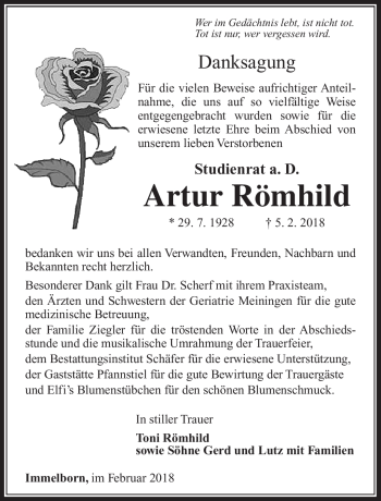 Traueranzeige von Artur Römhild von Südthüringer Presse