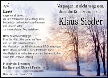 Traueranzeige von Klaus Sieder von Südthüringer Presse