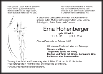 Traueranzeige von Erna Hohenberger von Frankenpost