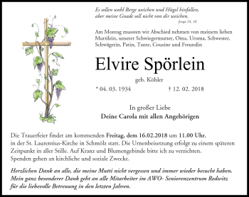 Traueranzeige von Elvire Spörlein von Neue Presse Coburg
