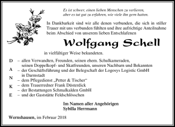 Traueranzeige von Wolfgang Schell von Südthüringer Presse