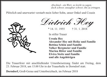 Traueranzeige von Dietrich Hey von Südthüringer Presse