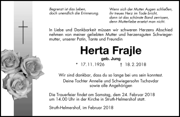 Traueranzeige von Herta Frajle von Südthüringer Presse