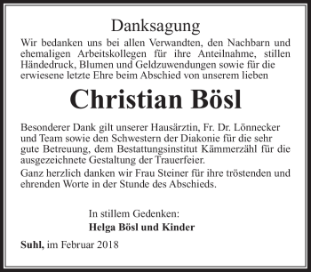 Traueranzeige von Christian Bösl von Südthüringer Presse