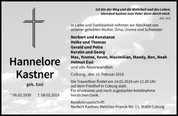 Traueranzeige von Hannelore Kastner von Neue Presse Coburg