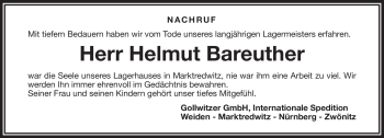 Traueranzeige von Helmut Bareuther von Frankenpost