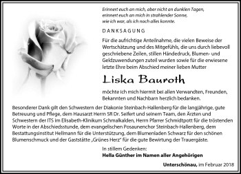 Traueranzeige von Liska Bauroth von Südthüringer Presse