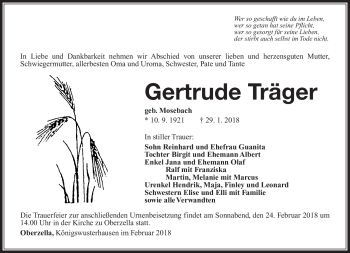 Traueranzeige von Gertrude Träger von Südthüringer Presse