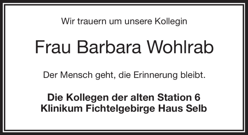  Traueranzeige für Barbara Wohlrab vom 03.02.2018 aus Frankenpost