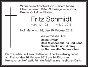 Traueranzeige von Fritz Schmidt von Frankenpost