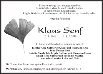 Traueranzeige von Klaus Senf von Südthüringer Presse
