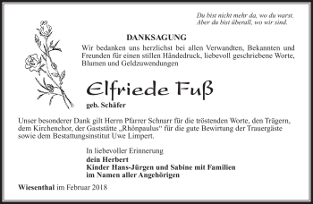 Traueranzeige von Elfriede Fuß von Südthüringer Presse
