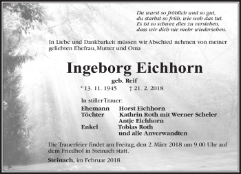 Traueranzeige von Ingeborg Eichhorn von Südthüringer Presse