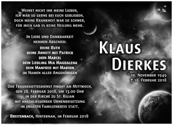 Traueranzeige von Klaus Dierkes von Südthüringer Presse