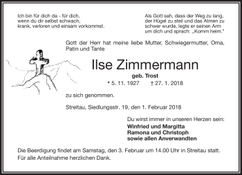 Traueranzeige von Ilse Zimmermann von Frankenpost